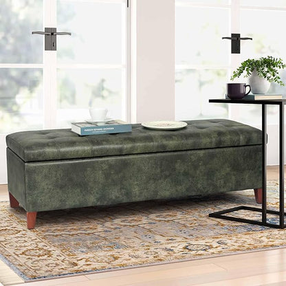 Joveco Storage Ottoman Bench, 51 Inch Tufted Leather Rectangle Bench for End Foot of Bed, Bedroom, Living Room, Deep Green