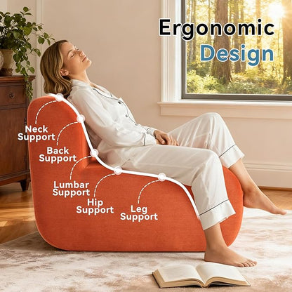 Single Boneless Chairs,Fireside Beanbag Chair Upholstered Cloud Sofa Chair,Corduroy Floor Couch Boneless Couch for Living Room,Memory Foam Lounge Chair for Bedroom,Orange