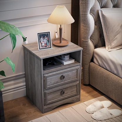 Set of 2 Nightstand with 2 Drawers, 18"W Night Stand with Drawers for Bedroom, Large Accent Bed Side Table and End Table with Open Compartment-Easy Pull Handle, Textured Border for Living Room,Gray