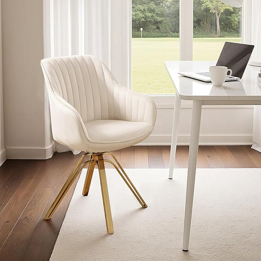 Zouron Mid Century Modern Swivel Accent Chair with Gold Metal Legs, Upholstered Swivel Chair No Wheels, Side Accent Arm Chair Vanity Chair for Small Space Home Office Living Room Bedroom, Off White