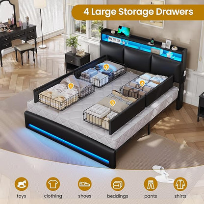 VIAGDO Full Size Bed Frame with Storage Headboard and Charging Station, Leather Upholstered Bed Frame Full Size with 4 Drawers and LED Lights, Type C and USB, No Box Spring Needed, Black