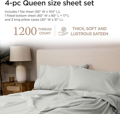 Threadmill Luxury Supima Cotton Sheets, Luxury 1200 Thread Count Soft 100% Cotton Sheets for Queen Size Bed, 4 Pc Light Grey Bed Sheets Queen Set, 5-Star Hotel Quality Deep Pocket Bed Sheets Set