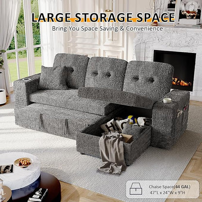4 in 1 Sleeper Sofa Bed, 90 Inch Pull Out Couch Bed with Adjustable Backrest | Reversible Storage Chaise | Wide Armrest | Tool Free Assembly, Sectional Couches for Living Room, Grey Chenille