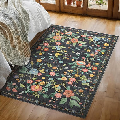 Amada 3x5 Washable Area Rugs, Non-Slip & Low-Profile Entryway Rug with Reinforced Edge Binding, Boho Floral Pattern, Soft Washable Rug for Bedroom, Entryway & Home Office