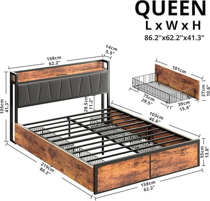 LIKIMIO Queen Bed Frame with 4 Storage Drawers, Platform Bed with Charged Headboard, Sturdy and Stable, No Noise, No Box Spring Needed, Easy to Install, Vintage Brown and Gray