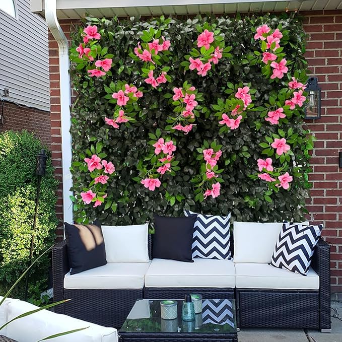 Sumery Expandable Fence Privacy Screen for Balcony Patio Outdoor,Decorative Faux Ivy Fencing Panel,Artificial Hedges (Single Sided Leaves) (4, Branches -Pink Fowers)