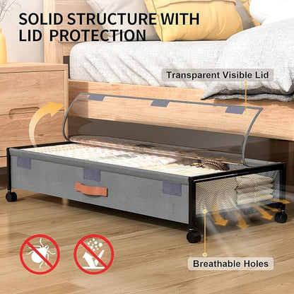 Under Bed Storage with Wheels, XXXL Larger Under Bed Storage Containers with Clear Lids, 36'' Lengthen Under Bed Shoe Organizer for Shoes Clothes(Grey 2 Pack, XXXL(36"x16.6"x7.48"))