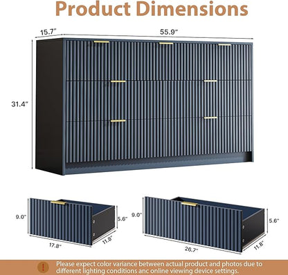 Navy 7 Drawer Dresser for Bedroom, 55.9" Wide Modern Fluted Dresser with Gold Metal Handles, Wide Chest of Drawers for Bedroom, Living Room, Entryway, Hallway