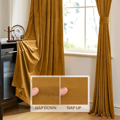 StangH Mustard Gold Velvet Curtains - Vintage High Ceiling Tall Drapes for Sliding Door/Villa, Thermal Insulated Privacy Panels for Living Room/Kids Room, W52 x L108, 2 Panels