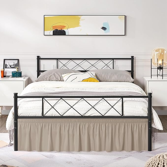 Biscaynebay Wrap Around Bed Skirts with Split Corners for Full Beds 16" Drop, Light Camel Elastic Dust Ruffles Adjustable Easy Fit Wrinkle & Fade Resistant Silky Luxurious Fabric Machine Washable