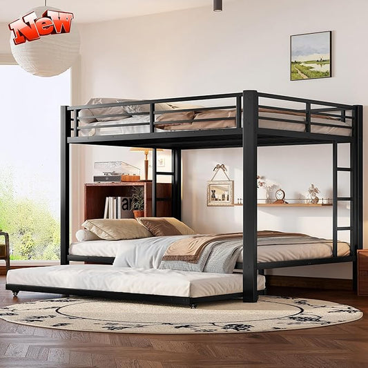 Upgraded Version Thicken Metal Queen Over Queen Bunk Bed with Trundle, Heavy-Duty Steel Bunk Bed for Adults, Easy Assemble (with Trundle)