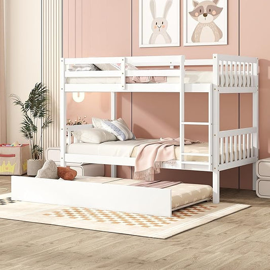 Bellemave Twin Over Twin Bunk Bed with Trundle,Convertible Bunk Beds with Ladder & Safety Guardrails,Twin Size Bunk Beds for Kids Girls Boys,White