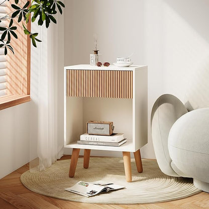 Fluted Nightstand, Modern Bedside Table with Storage Drawers and Open Wood Shelf, Night Stand with Solid Wood Legs, End Tables Side Tables for Living Room, Bedroom