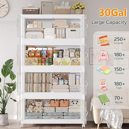180Gal Stackable Storage Bins with Lid, 720Qt Extra Large Collapsible Storage Box with Doors and Wheels, Plastic Closet Organizer and Storage Cabinet Drawer for Home Kitchen, 6Pack White