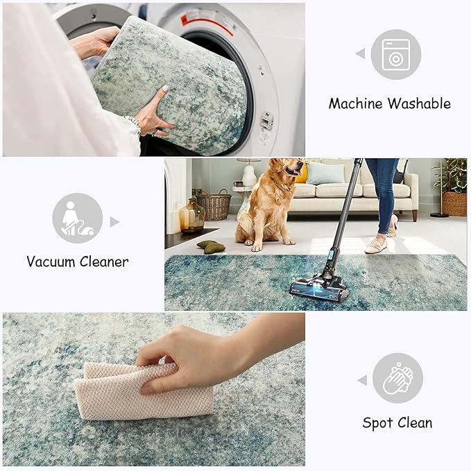 Lahome Modern Abstract Area Rugs 3x5 Washable Rug, Throw Rugs for Entryway Low Pile Anti Slip, Stain Resistance Accent Carpet for Bedroom Kitchen Bathroom Laundry Front Door, Blue/Grey