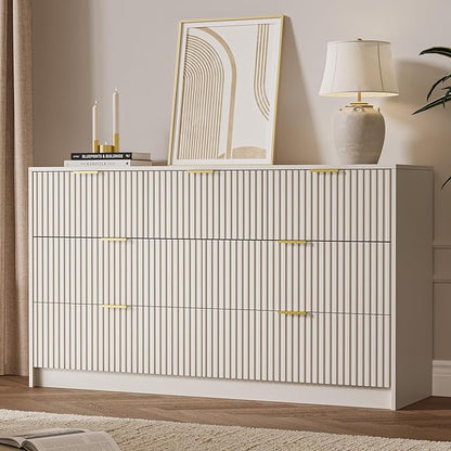 Beige 7 Drawer Dresser for Bedroom, 55.9" Wide Modern Fluted Dresser with Gold Metal Handles, Wide Chest of Drawers for Bedroom, Living Room, Entryway, Hallway