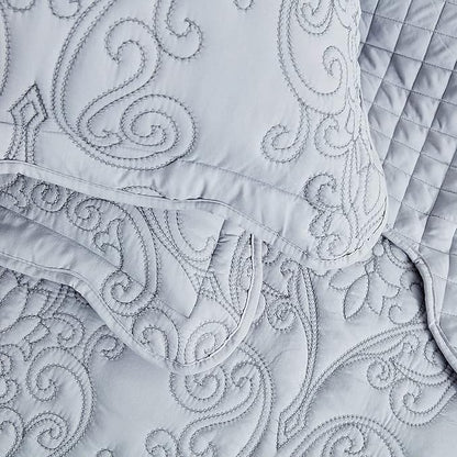 CHIXIN Bedspread Coverlet Quilt Set Full Size - Lightweight Bedding Cover - Beautiful Stitching - 5 Piece Reversible Bedspread - Luxury Damask Paisley Pattern (Full, Light Grey)