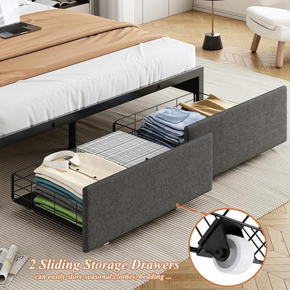 Full Size Bed Frames with Storage Headboard and 2 Drawers, Upholstered Platform Bed Frame Full with Led Lights and Handy Charging Station, No Box Spring Needed, Easy Assembly, Noise Free, Gray