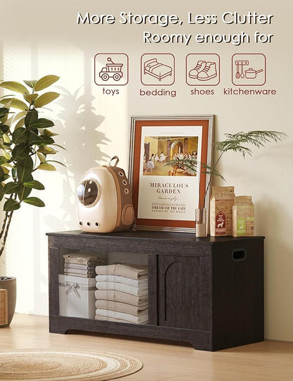 DINZI LVJ Storage Chest, 39.4” Wooden Toy Box with 2 Safety Hinges, Entryway Shoe Bench with Flip-Top, Sturdy Large Storage Trunk for Living Room, Bedroom, Playroom, Easy Assembly, Espresso