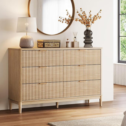 LINSY Fluted Dresser for Bedroom with 6 Drawers, Mid Century Modern Chest of Drawers with Gold Metal Handles, Wide Boho Wood Dressers, Large Farmhouse Storage Cabinet for Bedroom, Living Room, Oak
