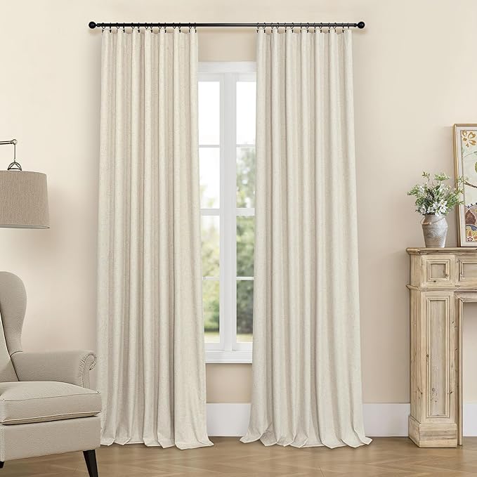 100% Blackout Neutral Curtains for Living Room 96 Inches Long 8 ft Faux Linen Rustic Country Drop Cloth Drape Dark Out Curtain for Bedroom Thermal Insulated 52x96 Floor to Ceiling Length 2 Panel Beige