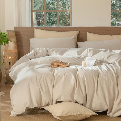 MooMee Striped Duvet Cover Set 100% Washed Cotton Linen Like Textured Breathable Durable Soft Comfy (Tannish Linen Grey White Pinstripes, King 104"x90")