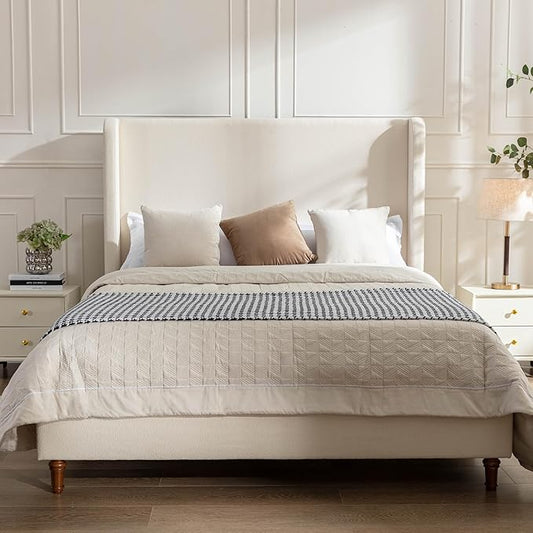 California King Size Upholstered Bed Frame, Platform Bed Frames with 54" Tall Headboard Wingback, Strong Wood Slats Support/No Box Spring Needed/Elegant Simplicity/No Noise, Beige Boucle