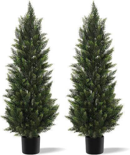 Outdoor Artificial Cedar Topiary Tree, Faux Evergreen Shrubs for Front Porch Decor, Lifelike Fake Bushes Plants for Home Living Room Front Door Decor (2, 4ft)