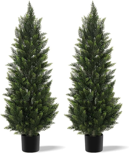 Outdoor Artificial Cedar Topiary Tree, Faux Evergreen Shrubs for Front Porch Decor, Lifelike Fake Bushes Plants for Home Living Room Front Door Decor (2, 4ft)