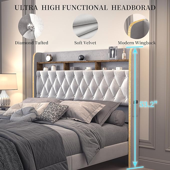 Queen LED Bed Frame with Storage Drawers, Velvet Upholstered Platform Beds with Galaxy Star Projector Charging Station, Aurora Bedframe with 2-Tier Storage Headboard, No Box Spring Needed, Grey