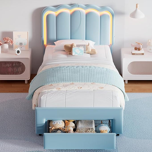 Velvet Upholstered Twin LED Bed Frame with Storage Drawer and Adjustable Double Wavy Headboard, Princess Platform Bed for Kids/Girls/Boys, Solid Wood Slats Support,No Box Spring Needed,Blue