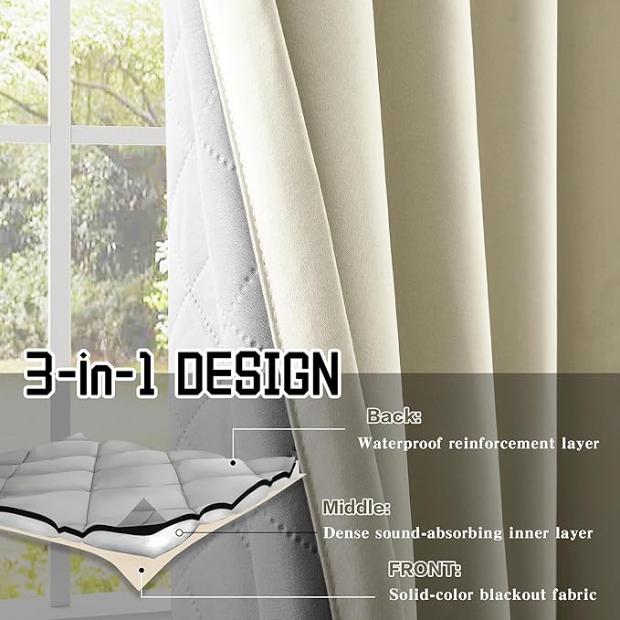 Beige 3-in-1 Layers Noise Reducing Curtains for Bedroom Light Blocking Blackout Curtains Thermal Insulation Privacy Drapes for Living Room (1 Panel, Beige, 50" x 96")