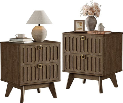 SICOTAS Nightstand Set of 2, Modern Bedside Tables with 2 Drawers, Stable Bedroom Nightstands with Textured Drawer Front and Gold Hardware for Bedroom, Apartment