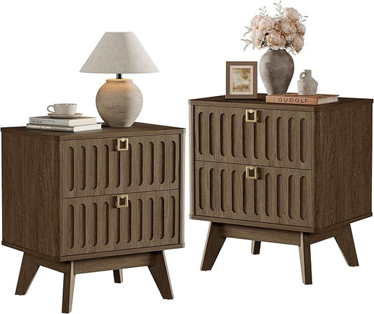 SICOTAS Nightstand Set of 2, Modern Bedside Tables with 2 Drawers, Stable Bedroom Nightstands with Textured Drawer Front and Gold Hardware for Bedroom, Apartment