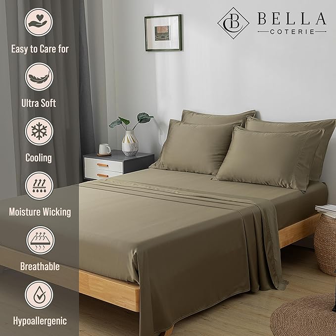 Bella Coterie 6 Piece Luxury Bamboo Viscose California King Size Sheet Set | 100% Organically Grown | Cooling for Hot Sleepers | 18" Deep Pocket | Soft & Hypoallergenic | 4 Pillowcases [Olive]