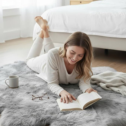 Premium Genuine Sheepskin Rugs for Living Room - Large Size Sheep Skin for Bedroom - 6' x 8' Long Fur Soft & Natural Fluffy Area Rug, Silver Gray, Eight Pelt