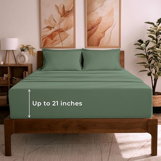 Mellanni California King Sheet Set - 6-Piece Iconic Collection Bedding, (Including 4 Pillowcases), 21-Inch Extra Deep Pocket, Easy Care, Ultra Soft, Cooling Sheets, Brushed Microfiber - Sage