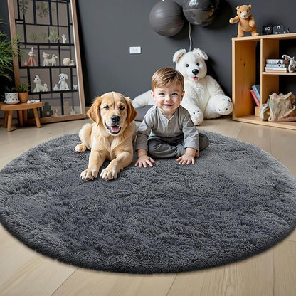 OLANLY Grey Round Rugs for Bedroom - Machine Washable, 4 ft Circle Area Rugs for Living Room, Soft and Fluffy Shaggy Carpet for Teen Girls and Boys, Nursery Rooms, Dorms, Home Decor Aesthetic