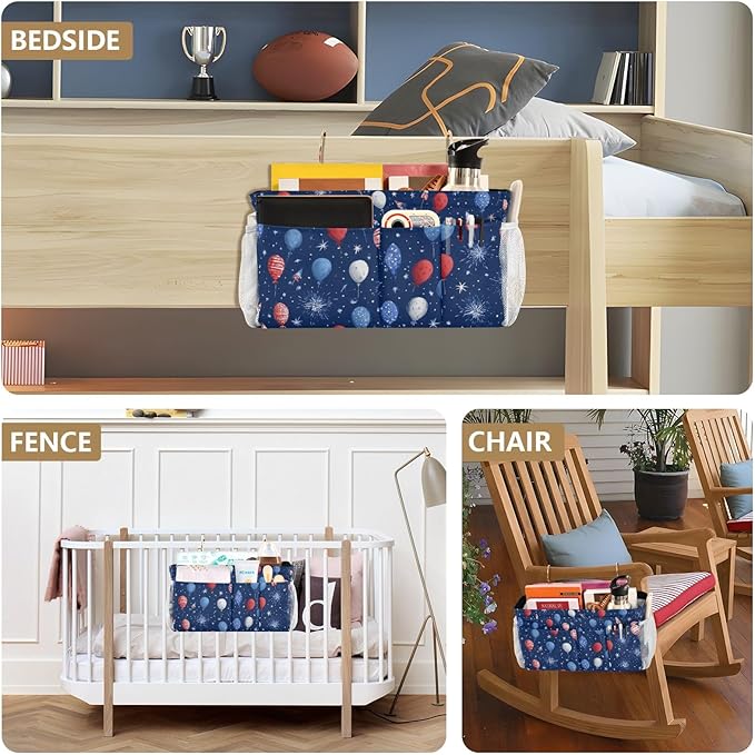 Bedside Caddy Hanging Bunk Bed Caddy Bed Organizer Hanging Pocket with 2 Hooks Bedside Storage Organizer Pocket Bag Holder Navy Blue Patriotic Balloons Fireworks