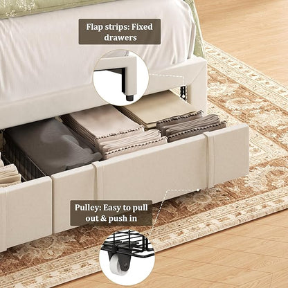 Queen Bed Frame with Storage Drawers, Upholstered Queen Size Platform Bed with 47" Tall Headboard and Wingboard, No Box Spring Needed, Noise Free, Easy Assembly, Wooden Support Slats, Beige