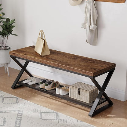LVB Rustic Entryway Bench, 47” Shoe Bench with Storage for Entry Way, Industrial Shoe Rack Bench with Seating for Foyer Entrance, Farmhouse Wood Bench for Hallway Living Room Bedroom, Rustic Brown