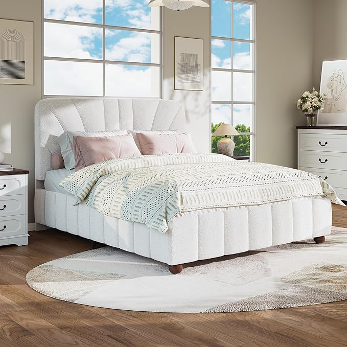Queen Size Boucle Bed Frame Upholstered Bed Frame Queen with Adjustable Headboard, Solid Wood Slats Support, Bed for Bedroom Apartment, Dorm, No Box Spring Needed, Easy Assembly, Noise-Free, Cream