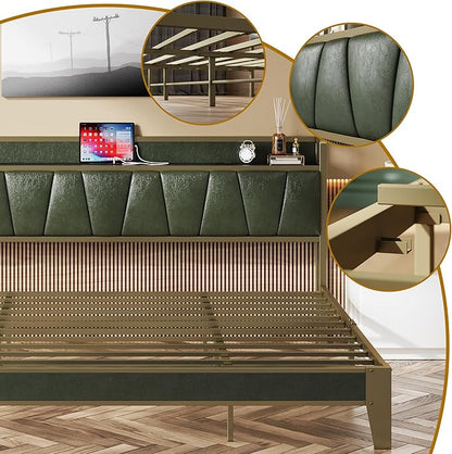 LIKIMIO California King Bed Frame, Storage Headboard with Charging Station, Solid and Stable, Noise Free, No Box Spring Needed, Easy Assembly (Dark Green)