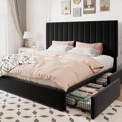 Allewie King Size Storage Bed Frame, Vertical Channel Tufted Adjustable Headboard, Velvet Upholstered Platform Bed with 4 Oversized Underbed Drawers, Wooden Slats Support, No Box Spring Needed, Black