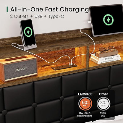 LARMACE King Size Bed Frame with 4 Storage Drawers and Bookcase Headboard, Faux Leather Upholstered, Wooden Platform Bed Frame with Charging Station and LED Lights, No Box Spring Needed, Brown