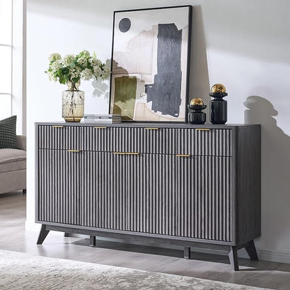 OKD Fluted Storage Cabinet with Drawers, 60" Morden Buffet Sideboard Coffee Bar Cabinet with 4 Doors and 3 Drawers for Dining Room, Living Room,Hallway (Dark Alder)