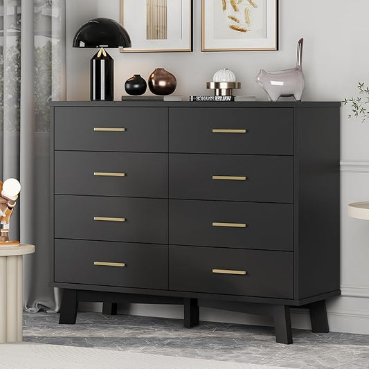 Dresser for Bedroom, 8 Drawer Wide Modern Chest of Drawers with X-Shaped Sturdy Base, Wood Double Dresser Closet Clothes Storage Organizer, Wooden TV Stand for Living Room, Hallway, Black
