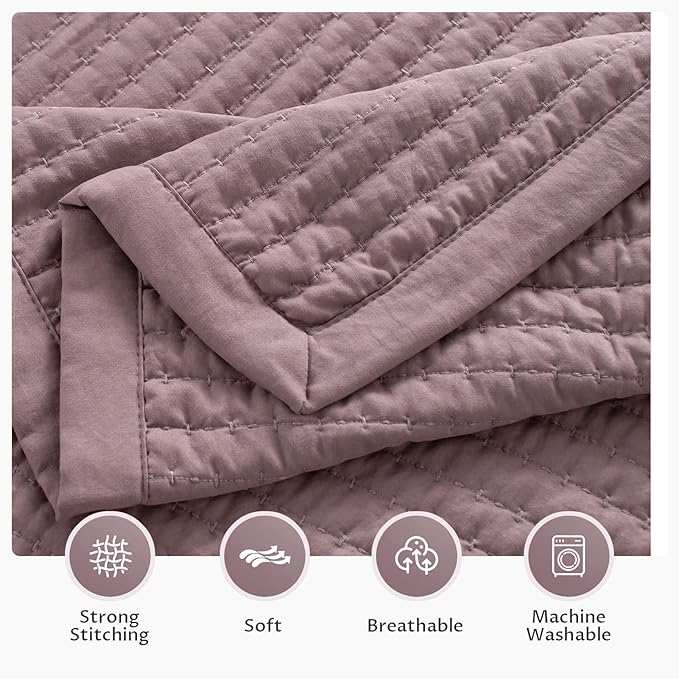 KASENTEX Queen XL Quilt Set 98"x98" – Soft Washed 3-Layer Lightweight Bedspread, Minimalist Nordic Design, All-Season Spring & Summer Quilt Set (1 Quilt + 2 Pillow Shams),Twilight Mauve Purple