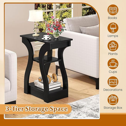 Giantex Narrow End Tables with Charging Station Set of 2, Wood Sofa Side Tables with Open Storage Shelves, Bedside Tables with USB Ports & Outlets, Modern Nightstands for Living Room, Bedroom, Black