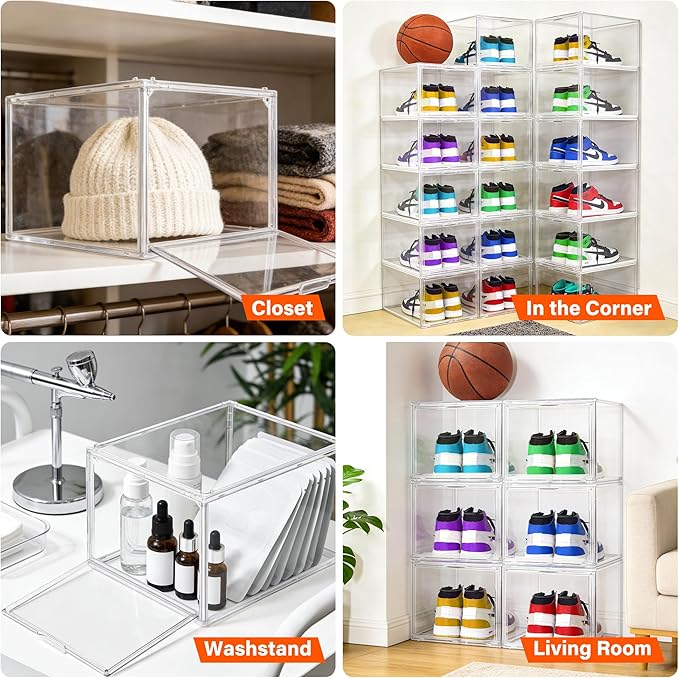 12 Pack Acrylic Shoe Organizer, Drop Front Shoe Boxes Fit US Size 13, Clear Stackable Hat Organizer Case for Closet, Entryway, Underbed, Multiple Display Cases for Hats, Figures, Sneakers